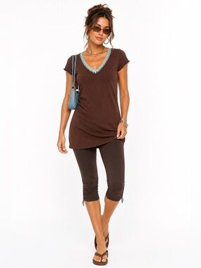 Y2K Marks & Spencer Brown & Turquoise V-Neck Lace Trim Cotton Mini Dress